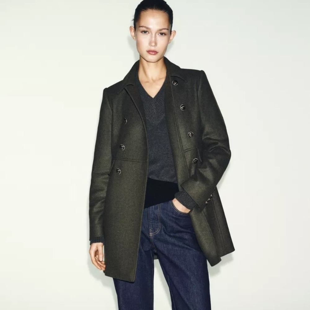 NWT Zara Double-Breasted Wool Blend Coat in Olive Green - S